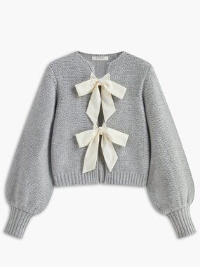 Commense Gray Knit Cardigan with Ivory Bow Ties